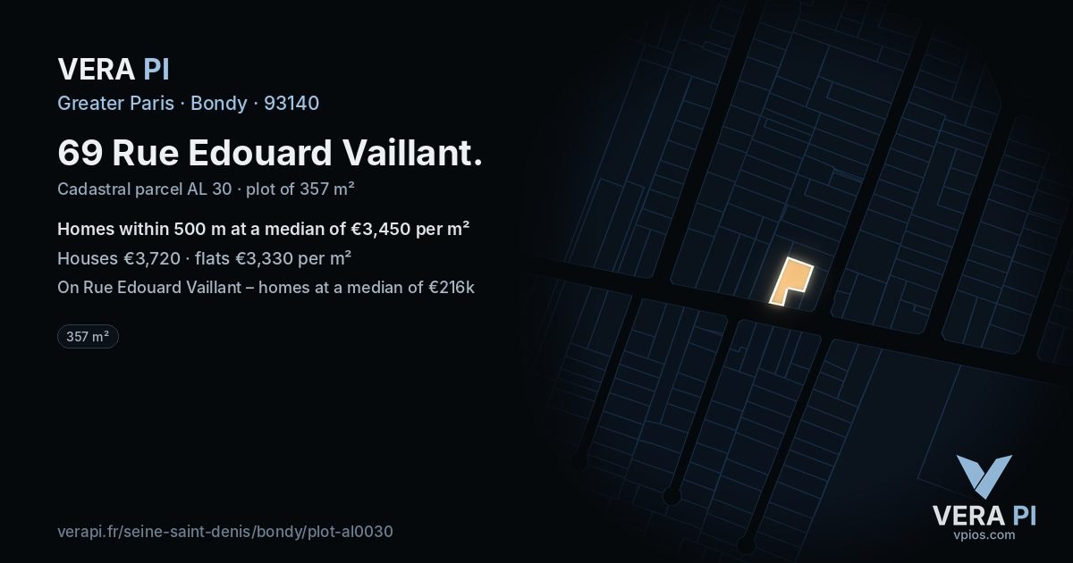 69 Rue Edouard Vaillant, Bondy at night – the plot lit, the parcels around coloured by the prices near them