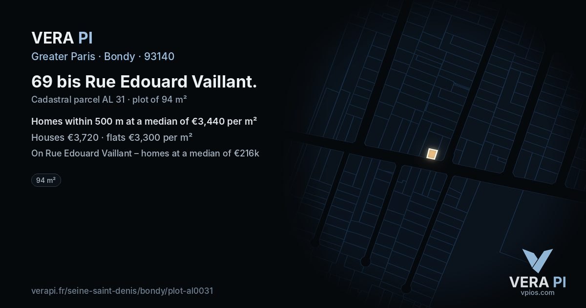 69 bis Rue Edouard Vaillant, Bondy at night – the plot lit, the parcels around coloured by the prices near them