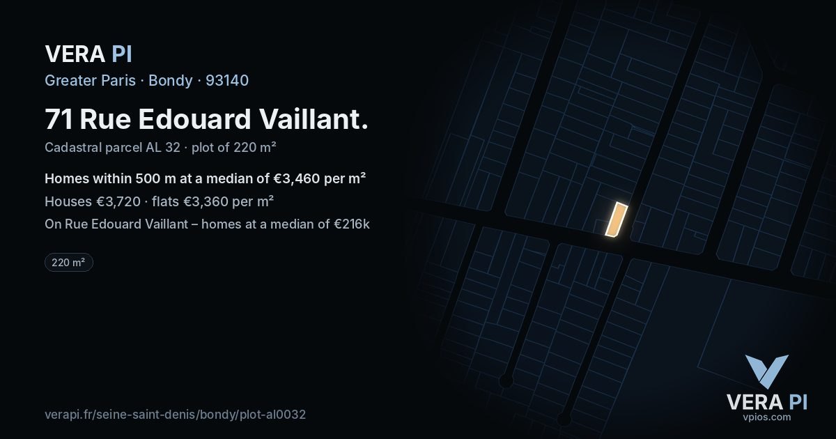 71 Rue Edouard Vaillant, Bondy at night – the plot lit, the parcels around coloured by the prices near them