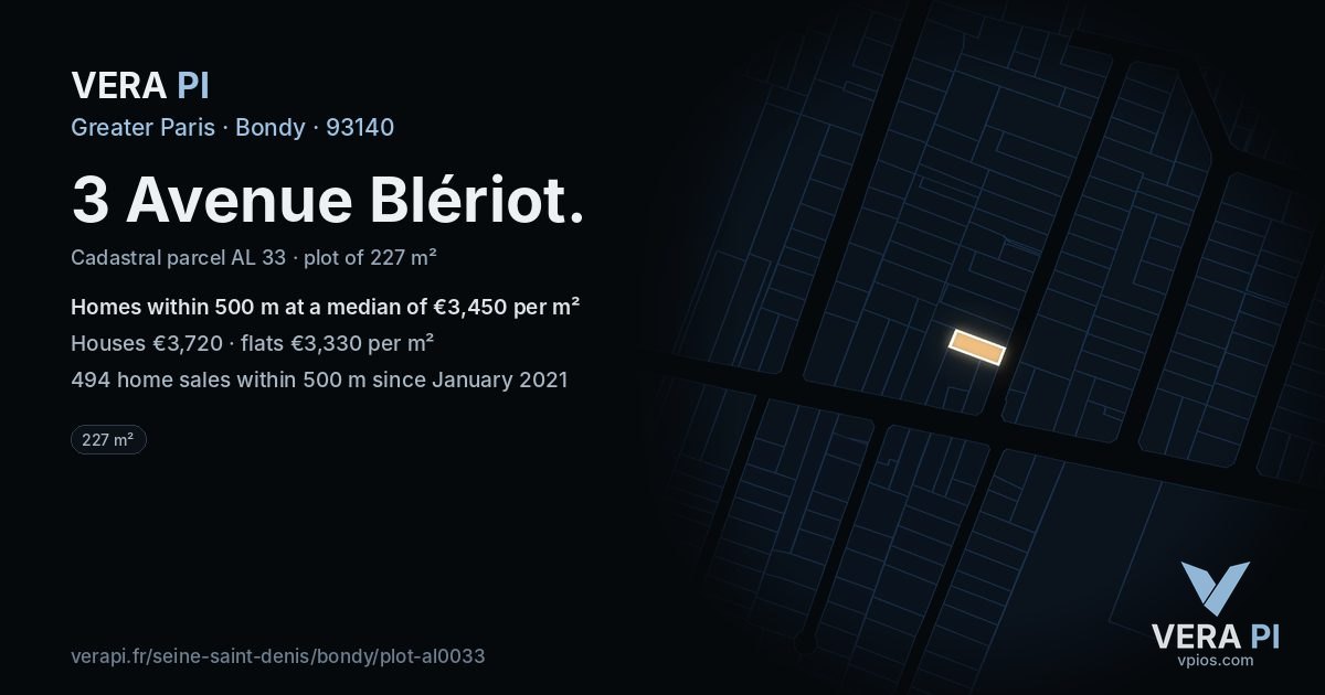3 Avenue Blériot, Bondy at night – the plot lit, the parcels around coloured by the prices near them