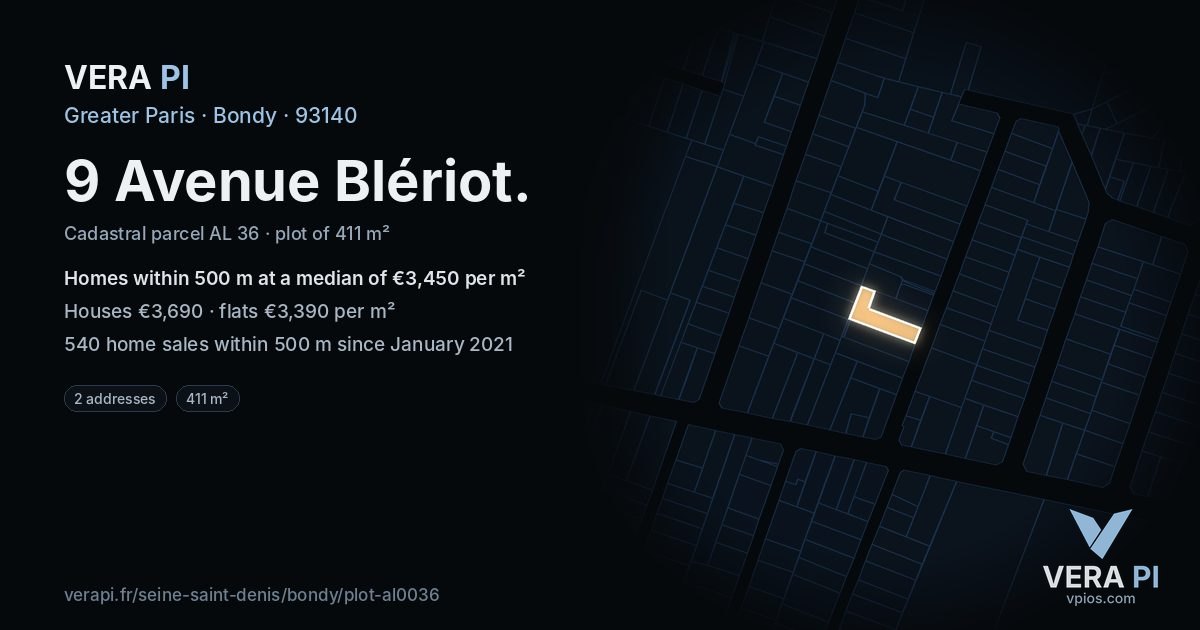9 Avenue Blériot, Bondy at night – the plot lit, the parcels around coloured by the prices near them