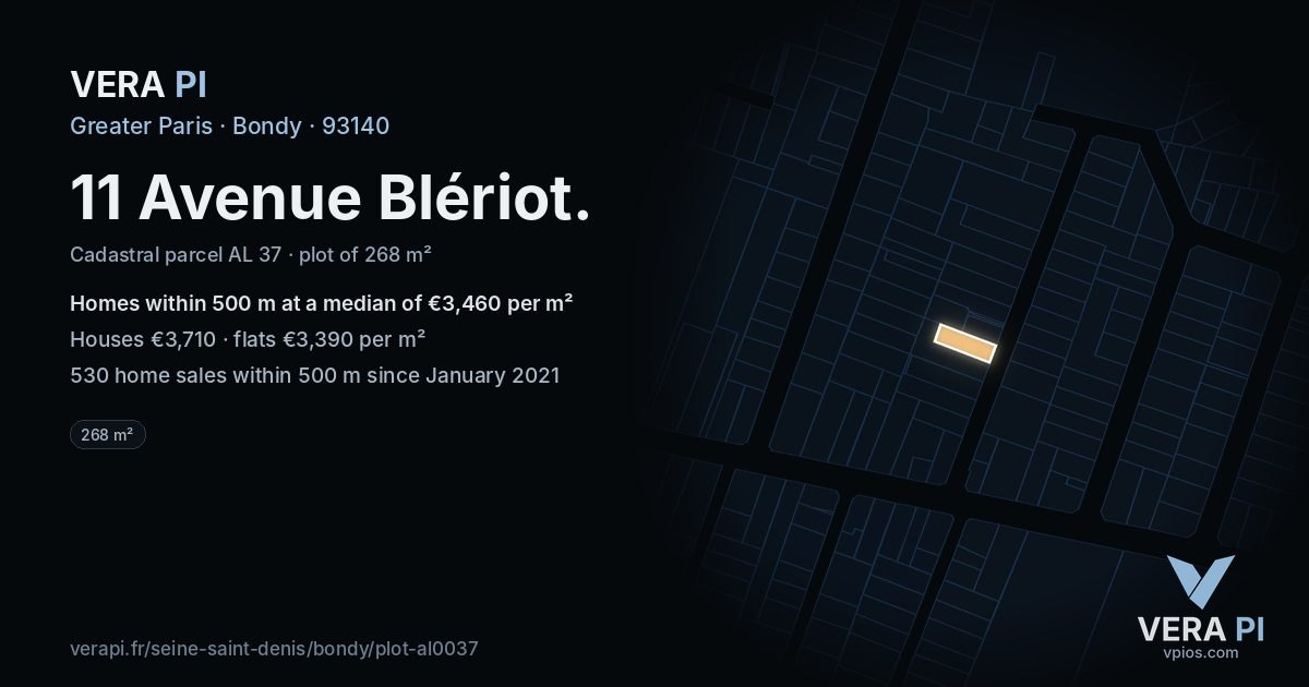 11 Avenue Blériot, Bondy at night – the plot lit, the parcels around coloured by the prices near them