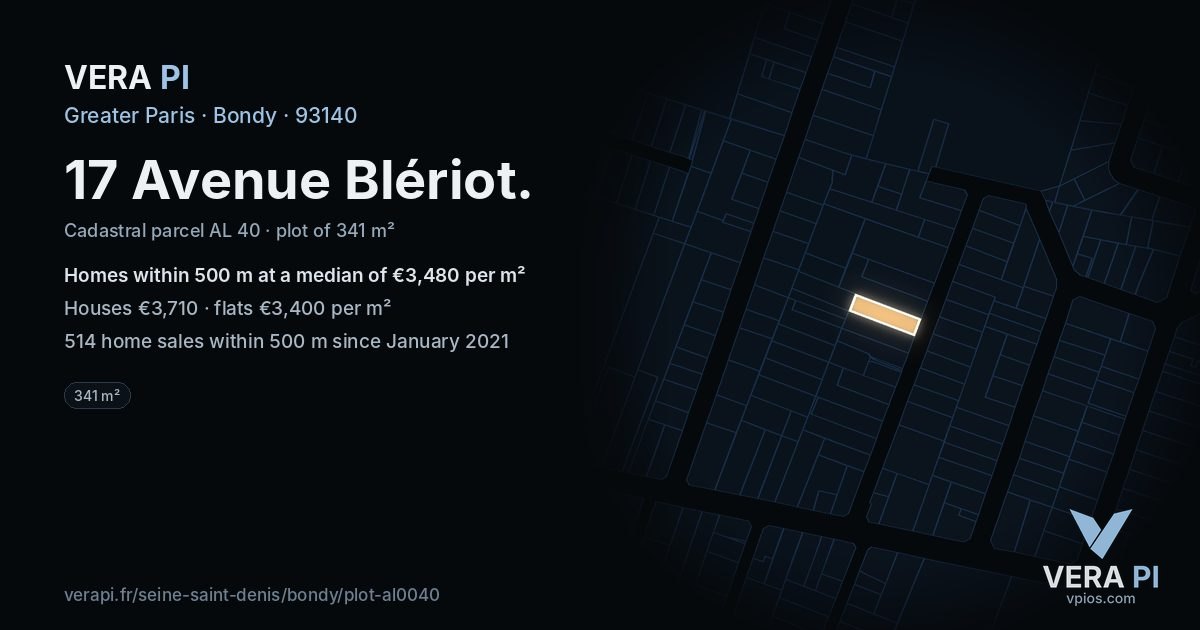 17 Avenue Blériot, Bondy at night – the plot lit, the parcels around coloured by the prices near them