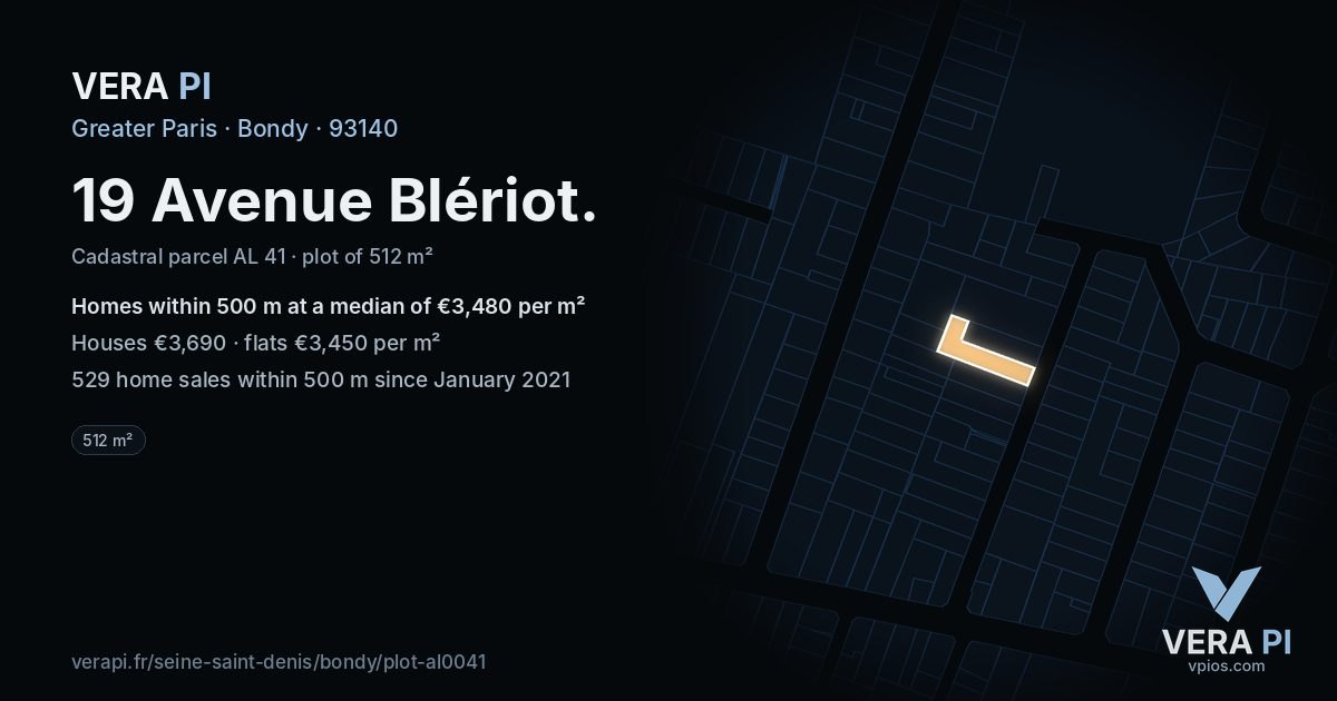 19 Avenue Blériot, Bondy at night – the plot lit, the parcels around coloured by the prices near them