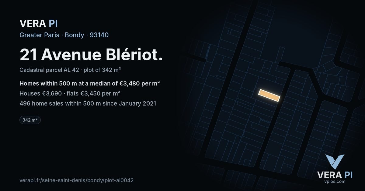 21 Avenue Blériot, Bondy at night – the plot lit, the parcels around coloured by the prices near them