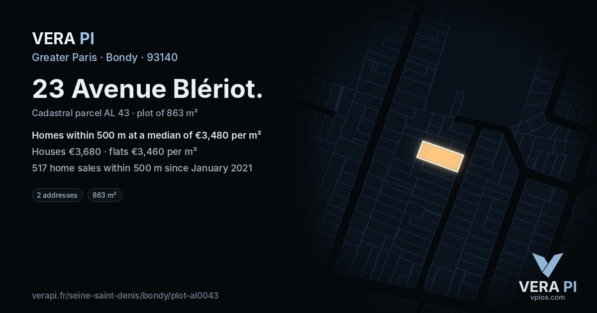 23 Avenue Blériot, Bondy at night – the plot lit, the parcels around coloured by the prices near them