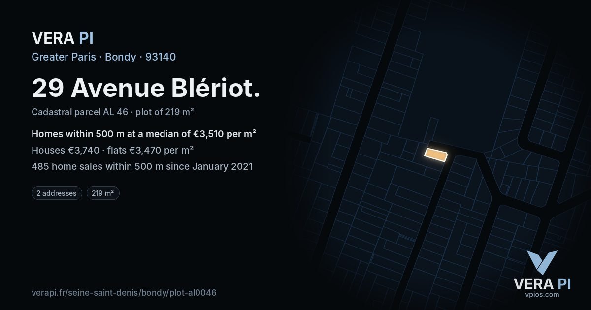 29 Avenue Blériot, Bondy at night – the plot lit, the parcels around coloured by the prices near them