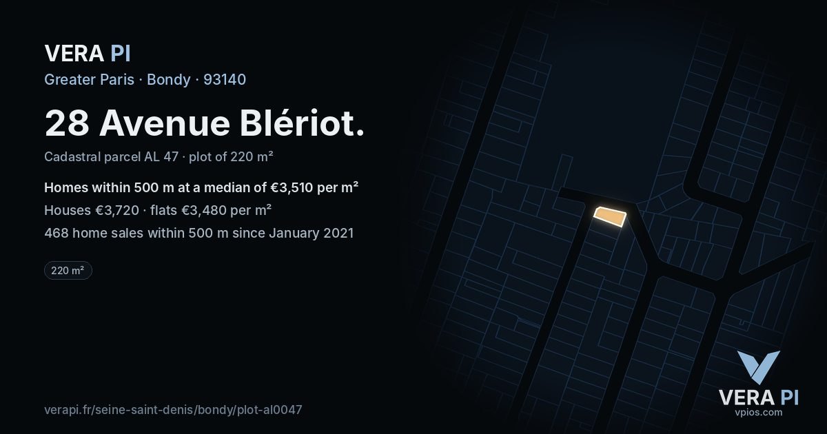 28 Avenue Blériot, Bondy at night – the plot lit, the parcels around coloured by the prices near them