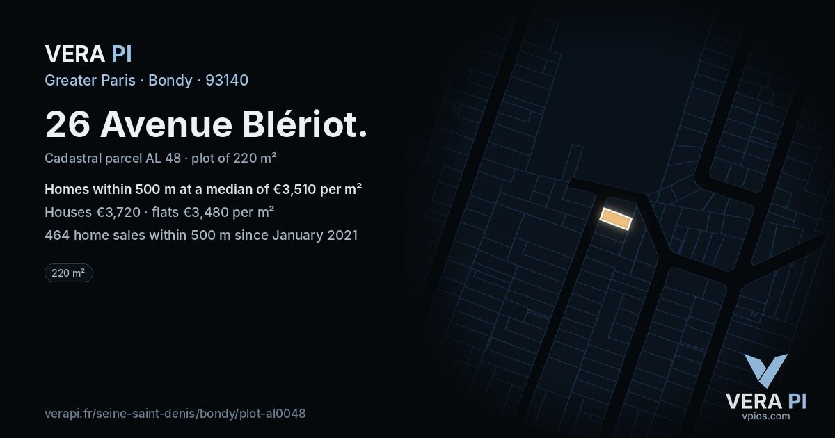26 Avenue Blériot, Bondy at night – the plot lit, the parcels around coloured by the prices near them