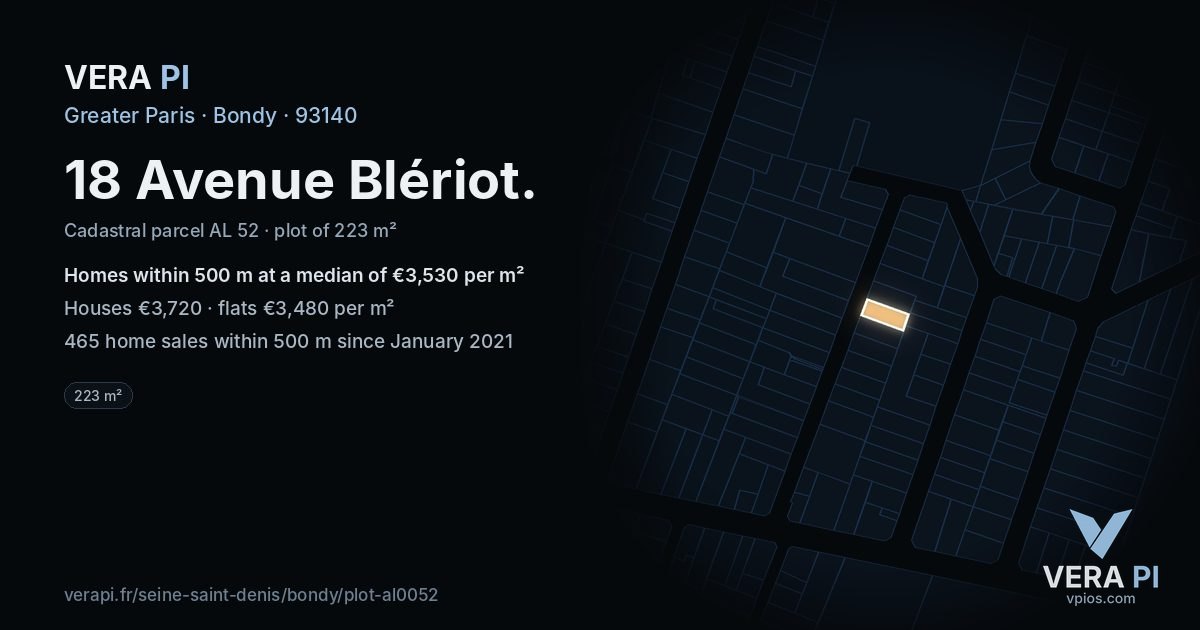 18 Avenue Blériot, Bondy at night – the plot lit, the parcels around coloured by the prices near them