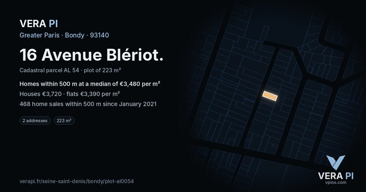 16 Avenue Blériot, Bondy at night – the plot lit, the parcels around coloured by the prices near them