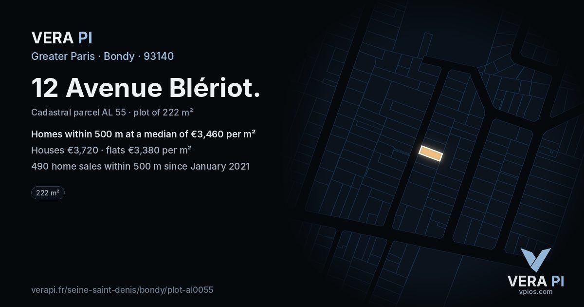 12 Avenue Blériot, Bondy at night – the plot lit, the parcels around coloured by the prices near them