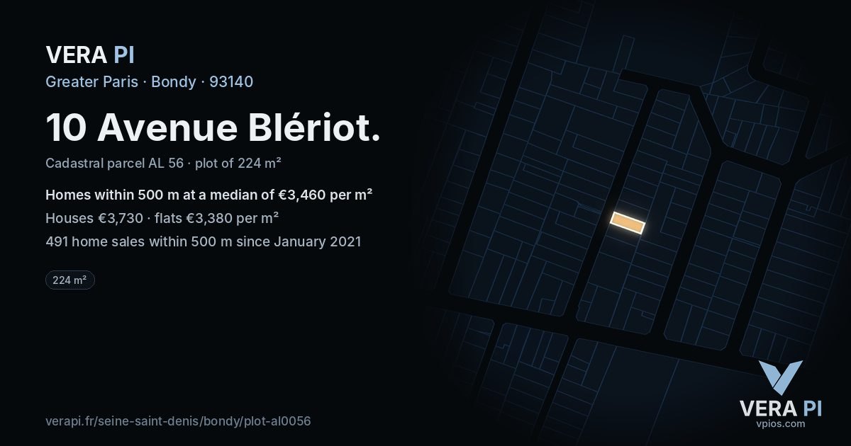 10 Avenue Blériot, Bondy at night – the plot lit, the parcels around coloured by the prices near them