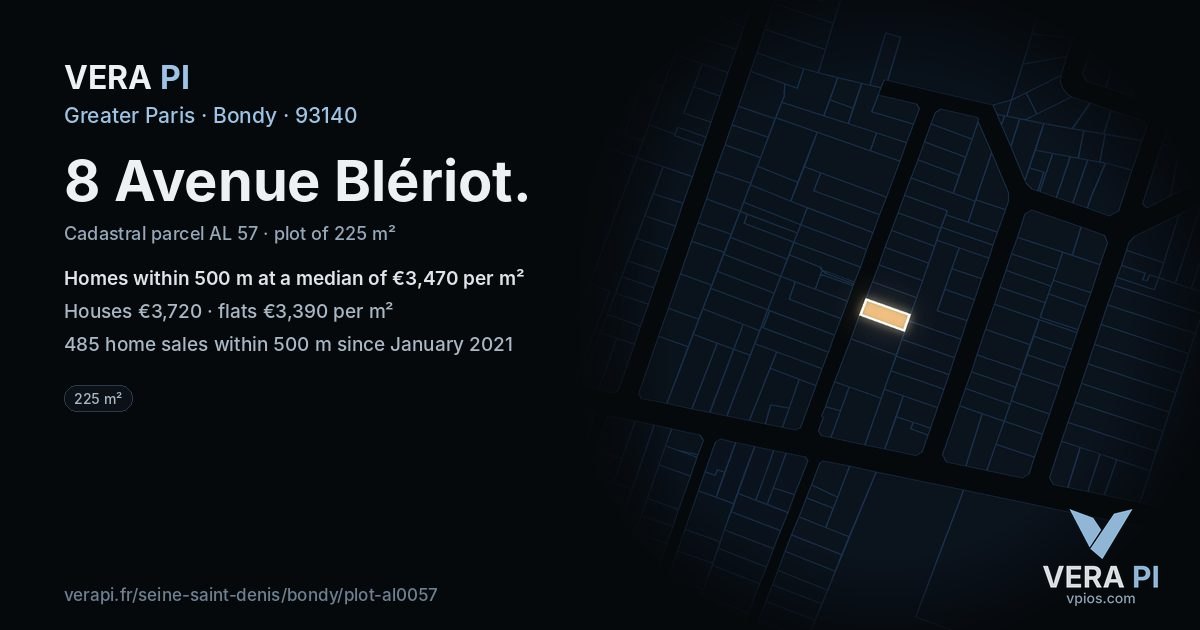 8 Avenue Blériot, Bondy at night – the plot lit, the parcels around coloured by the prices near them