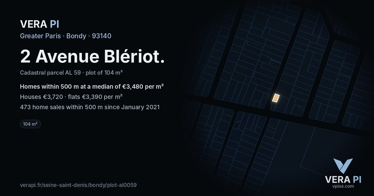 2 Avenue Blériot, Bondy at night – the plot lit, the parcels around coloured by the prices near them