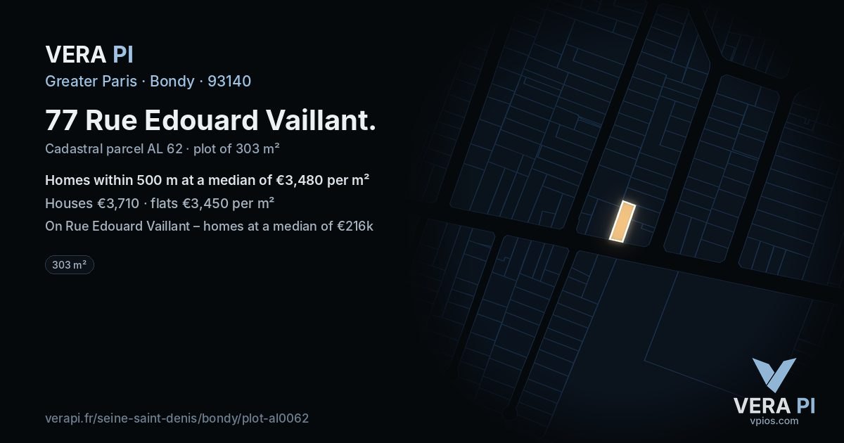 77 Rue Edouard Vaillant, Bondy at night – the plot lit, the parcels around coloured by the prices near them