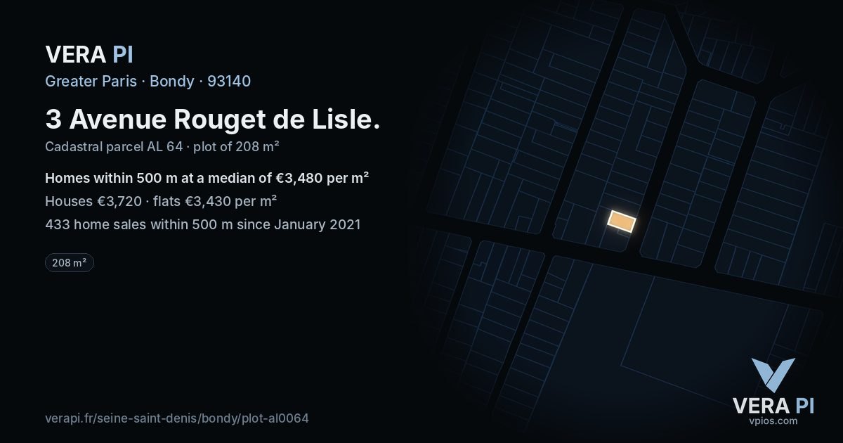 3 Avenue Rouget de Lisle, Bondy at night – the plot lit, the parcels around coloured by the prices near them