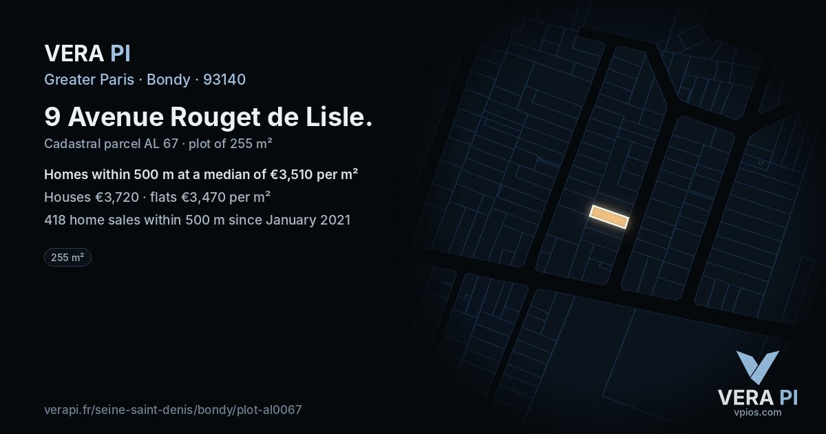 9 Avenue Rouget de Lisle, Bondy at night – the plot lit, the parcels around coloured by the prices near them