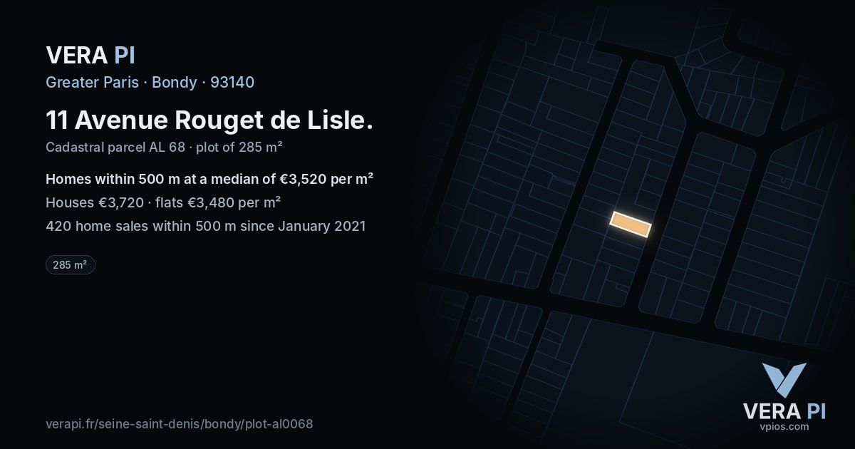 11 Avenue Rouget de Lisle, Bondy at night – the plot lit, the parcels around coloured by the prices near them