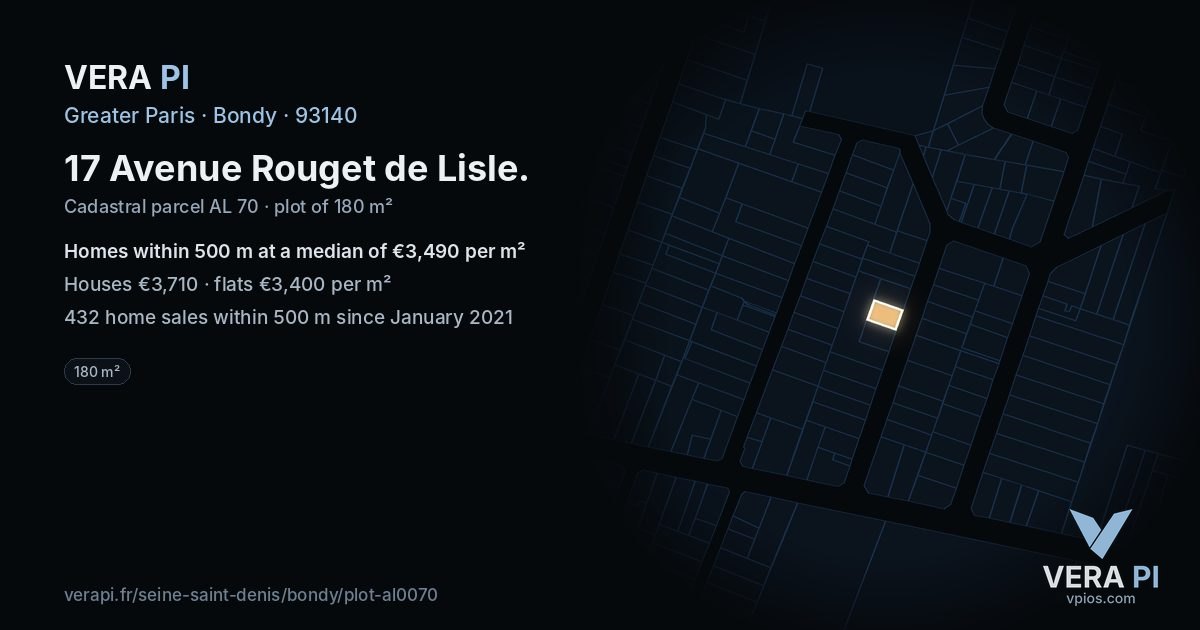 17 Avenue Rouget de Lisle, Bondy at night – the plot lit, the parcels around coloured by the prices near them