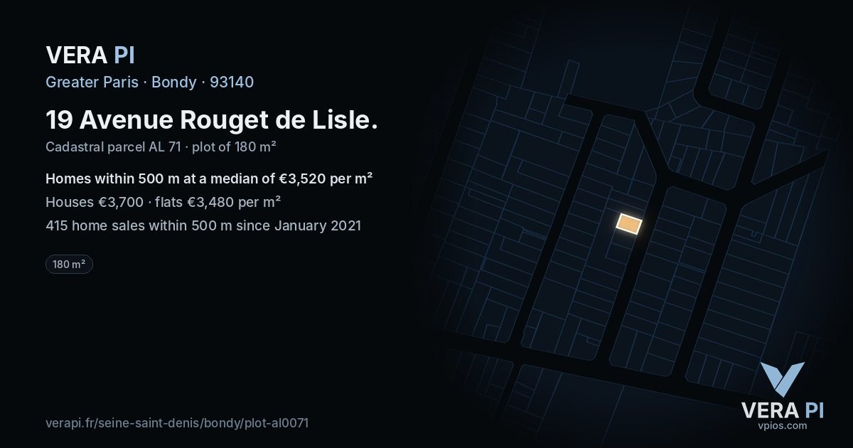 19 Avenue Rouget de Lisle, Bondy at night – the plot lit, the parcels around coloured by the prices near them