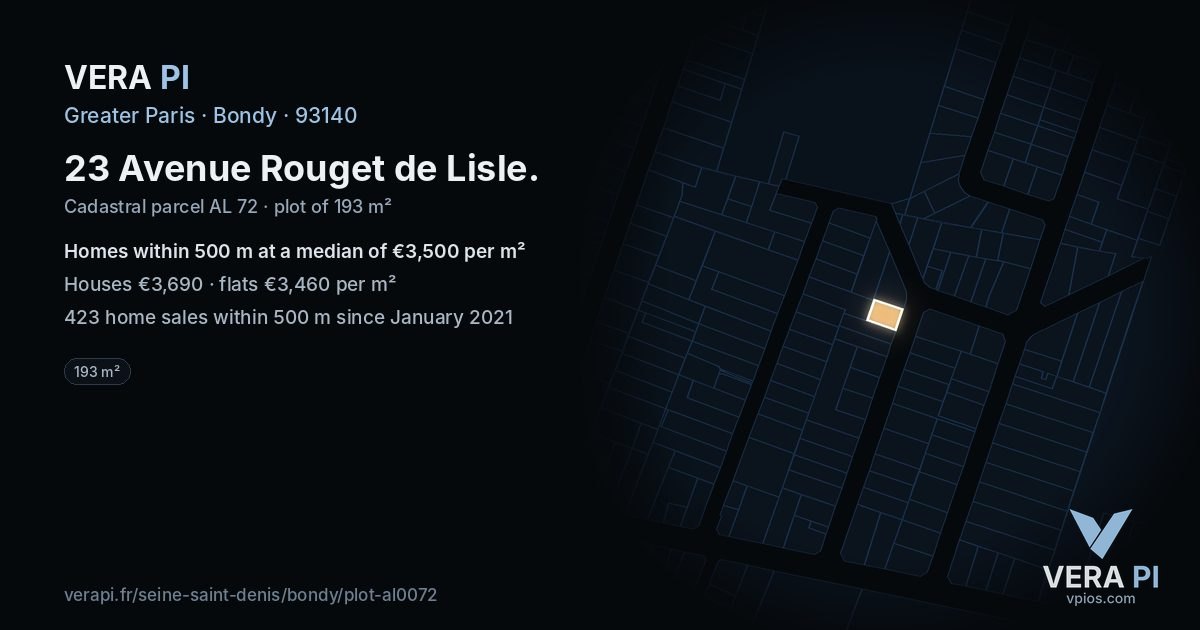 23 Avenue Rouget de Lisle, Bondy at night – the plot lit, the parcels around coloured by the prices near them