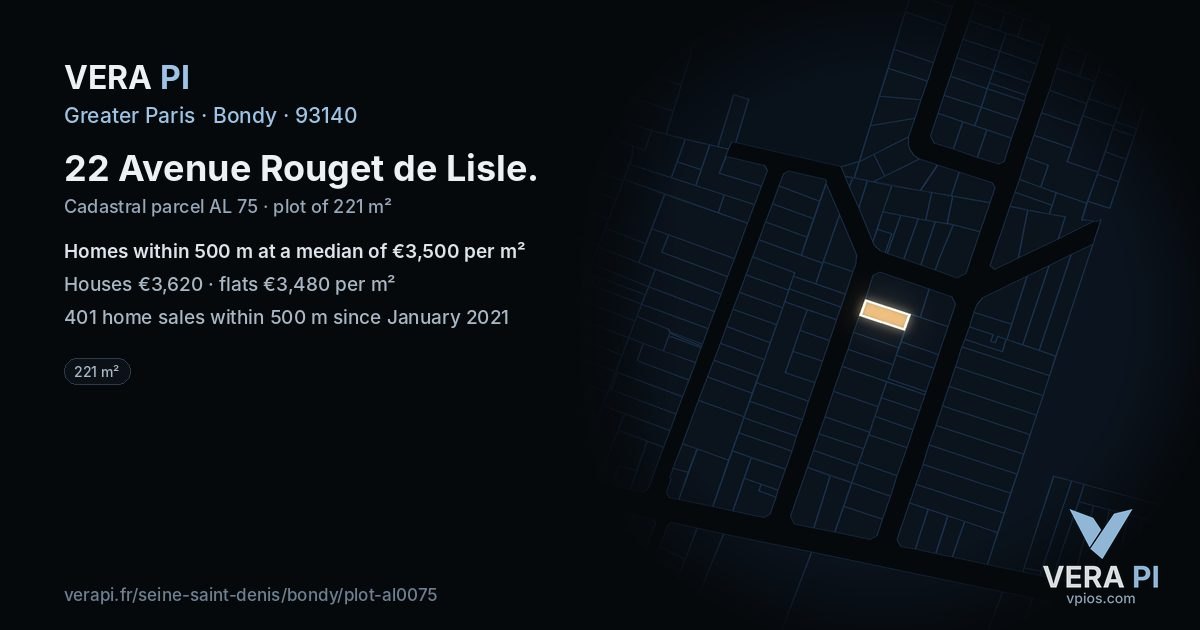 22 Avenue Rouget de Lisle, Bondy at night – the plot lit, the parcels around coloured by the prices near them