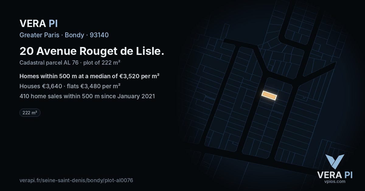 20 Avenue Rouget de Lisle, Bondy at night – the plot lit, the parcels around coloured by the prices near them