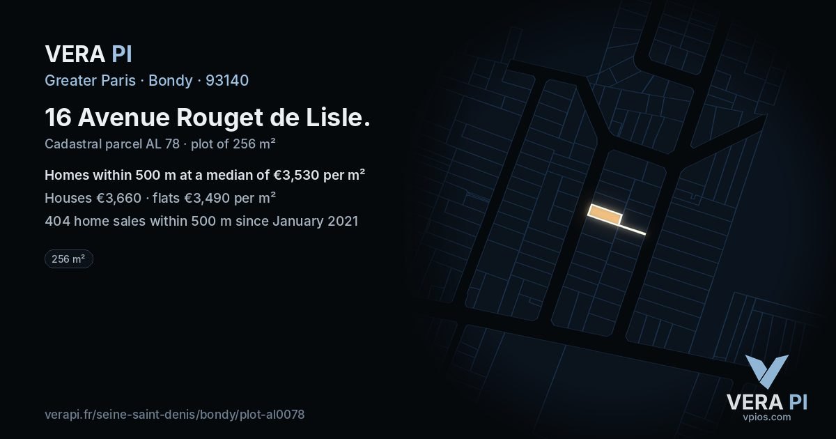 16 Avenue Rouget de Lisle, Bondy at night – the plot lit, the parcels around coloured by the prices near them