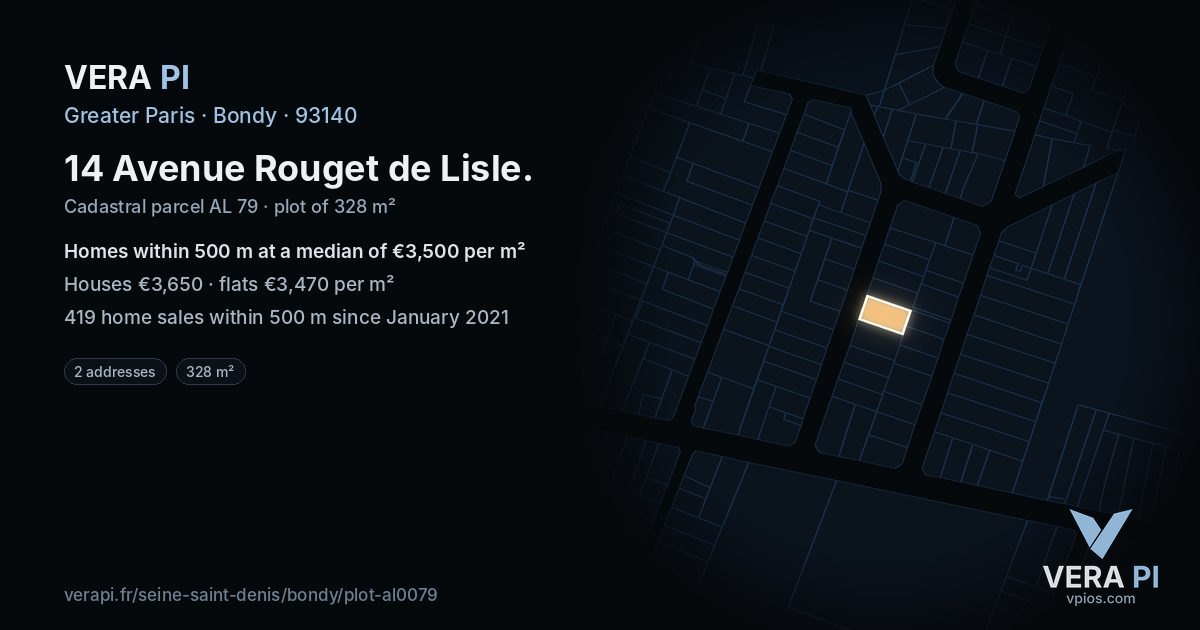 14 Avenue Rouget de Lisle, Bondy at night – the plot lit, the parcels around coloured by the prices near them