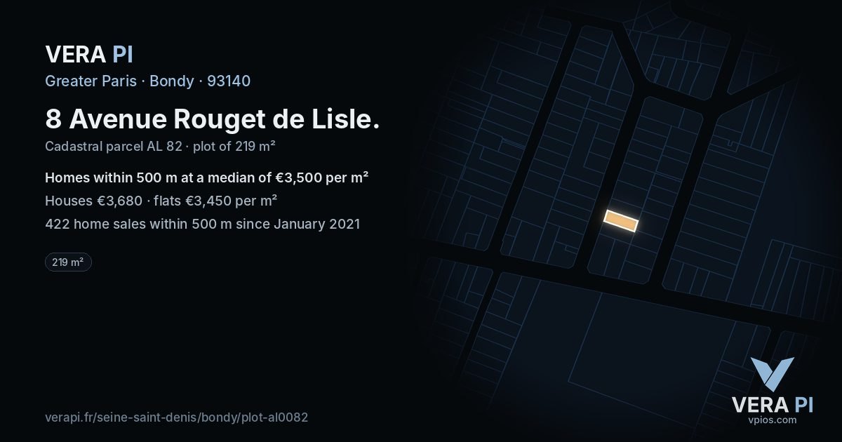 8 Avenue Rouget de Lisle, Bondy at night – the plot lit, the parcels around coloured by the prices near them