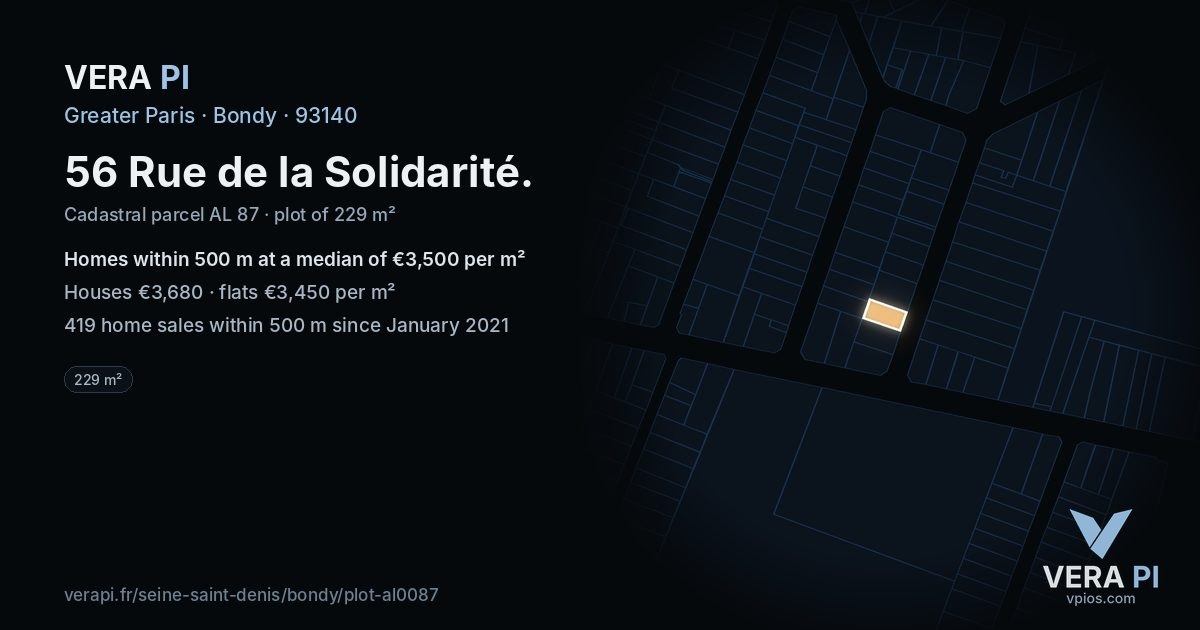 56 Rue de la Solidarité, Bondy at night – the plot lit, the parcels around coloured by the prices near them