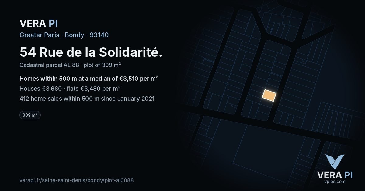 54 Rue de la Solidarité, Bondy at night – the plot lit, the parcels around coloured by the prices near them
