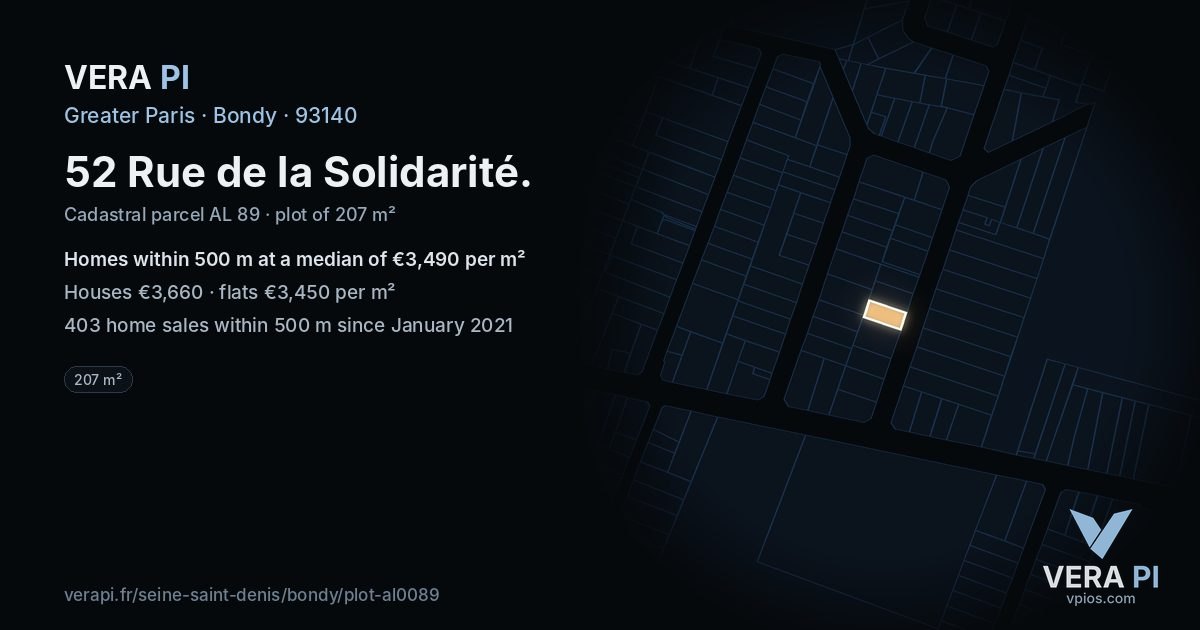 52 Rue de la Solidarité, Bondy at night – the plot lit, the parcels around coloured by the prices near them
