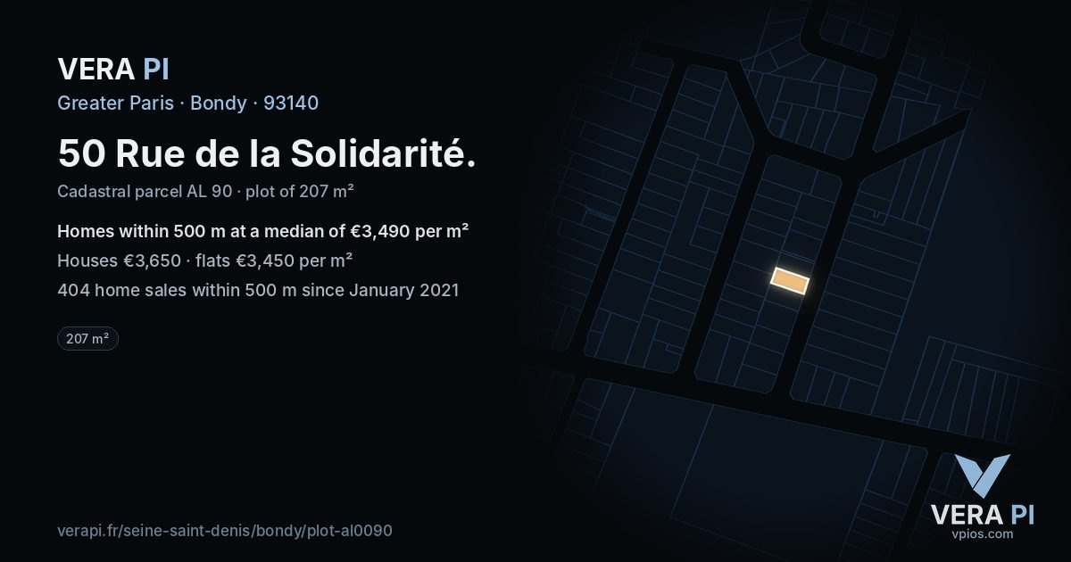 50 Rue de la Solidarité, Bondy at night – the plot lit, the parcels around coloured by the prices near them
