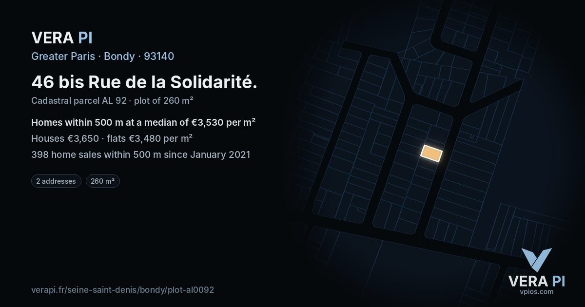 46 bis Rue de la Solidarité, Bondy at night – the plot lit, the parcels around coloured by the prices near them