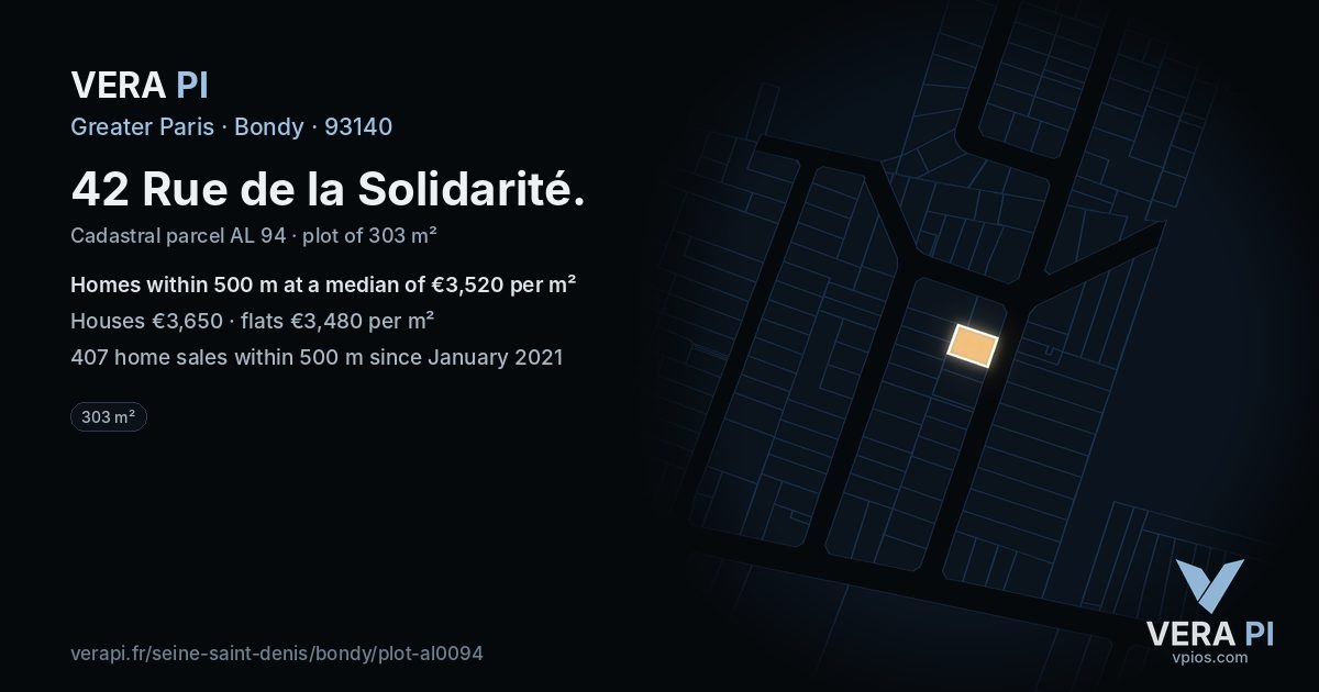 42 Rue de la Solidarité, Bondy at night – the plot lit, the parcels around coloured by the prices near them