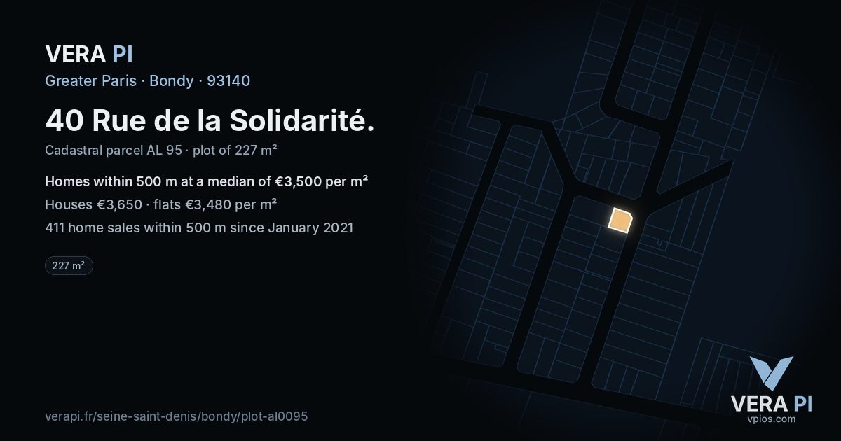 40 Rue de la Solidarité, Bondy at night – the plot lit, the parcels around coloured by the prices near them