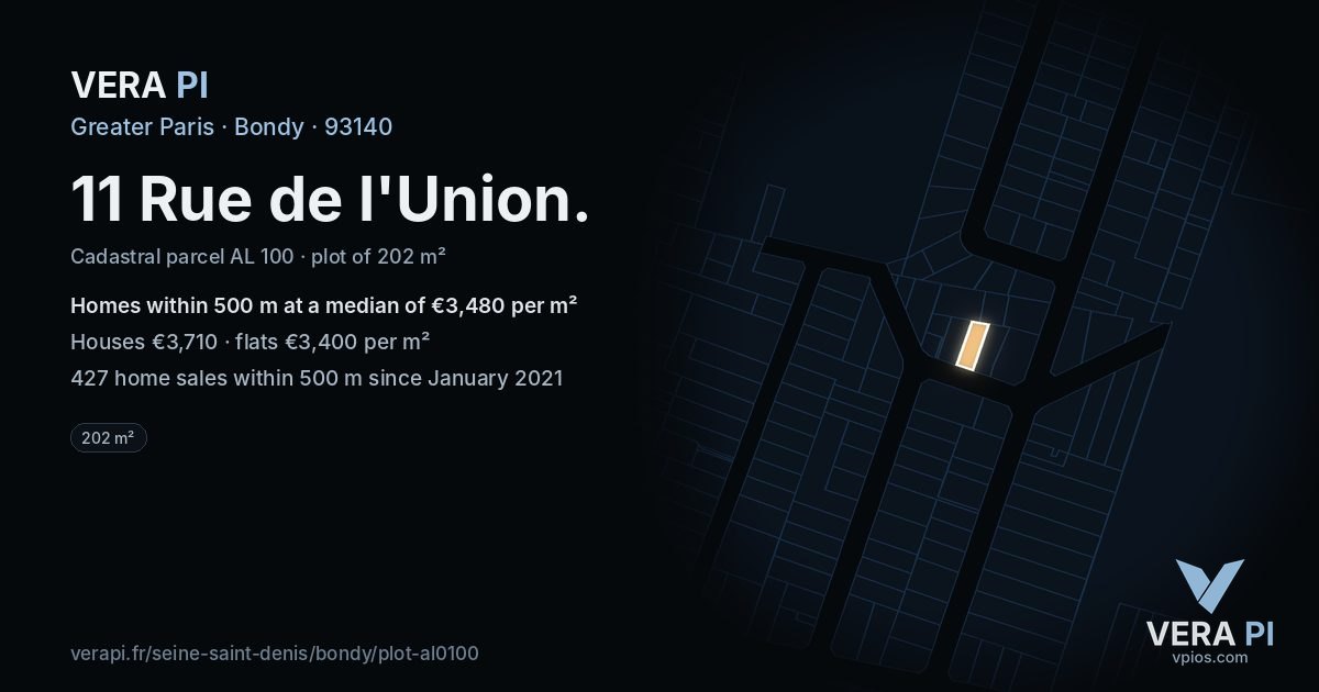 11 Rue de l'Union, Bondy at night – the plot lit, the parcels around coloured by the prices near them