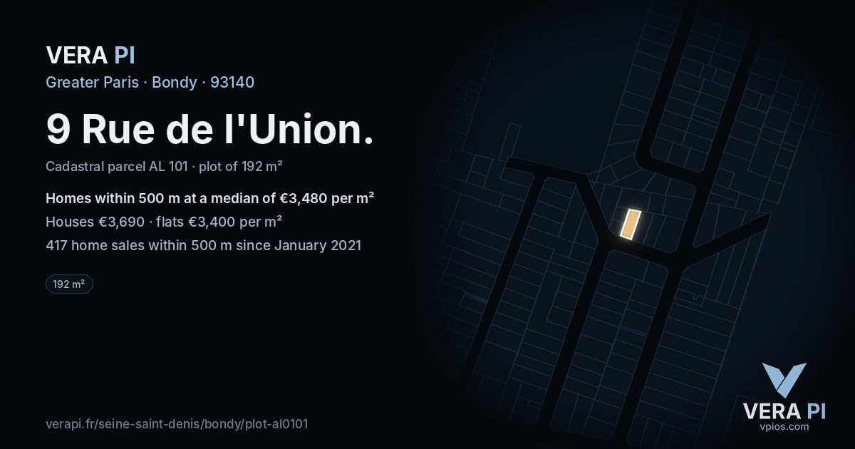 9 Rue de l'Union, Bondy at night – the plot lit, the parcels around coloured by the prices near them
