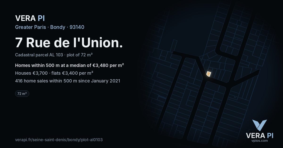 7 Rue de l'Union, Bondy at night – the plot lit, the parcels around coloured by the prices near them