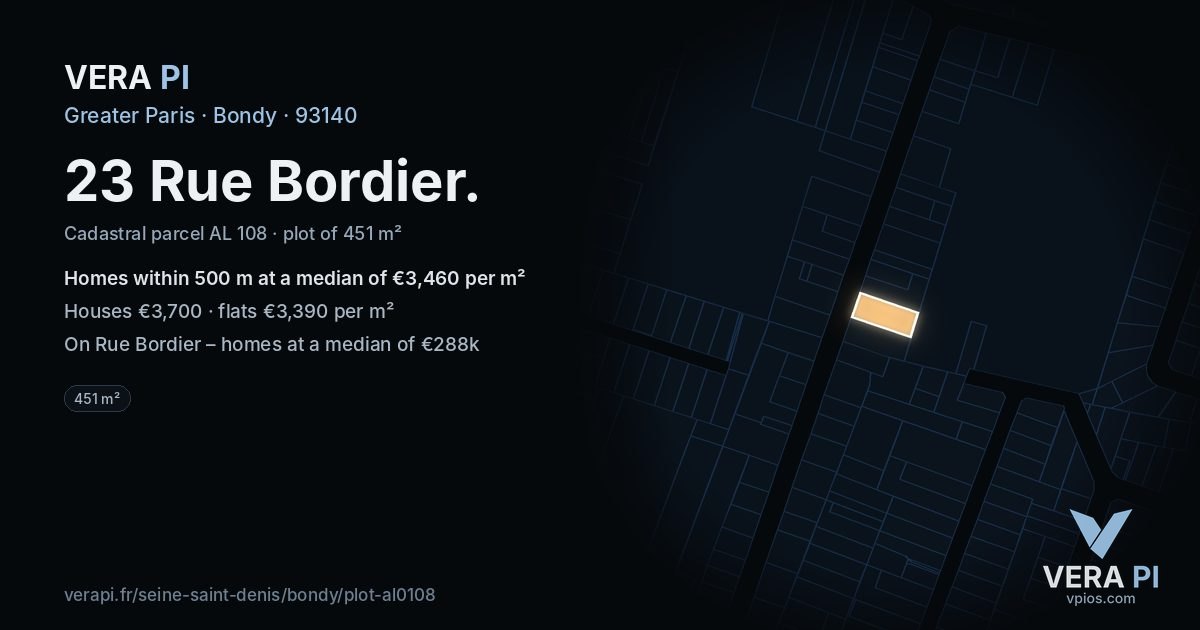 23 Rue Bordier, Bondy at night – the plot lit, the parcels around coloured by the prices near them