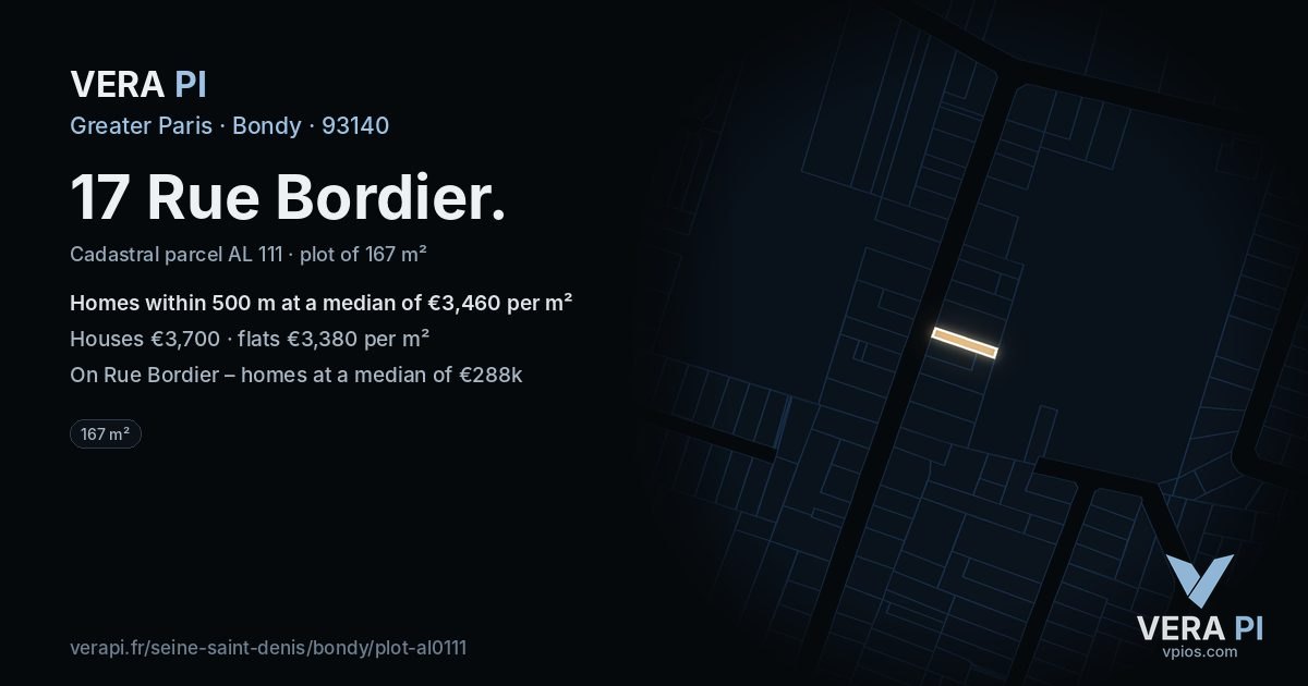 17 Rue Bordier, Bondy at night – the plot lit, the parcels around coloured by the prices near them