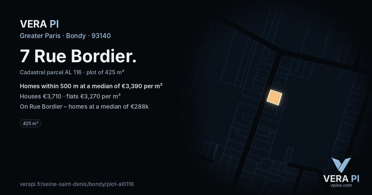 7 Rue Bordier, Bondy at night – the plot lit, the parcels around coloured by the prices near them
