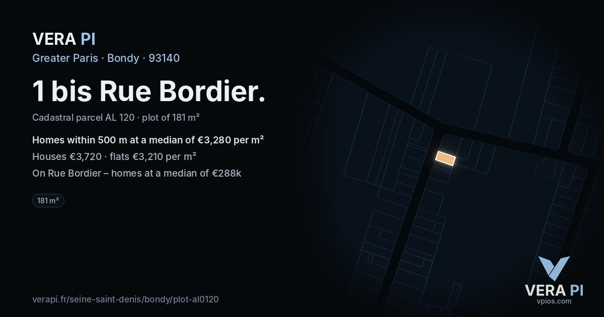 1 bis Rue Bordier, Bondy at night – the plot lit, the parcels around coloured by the prices near them