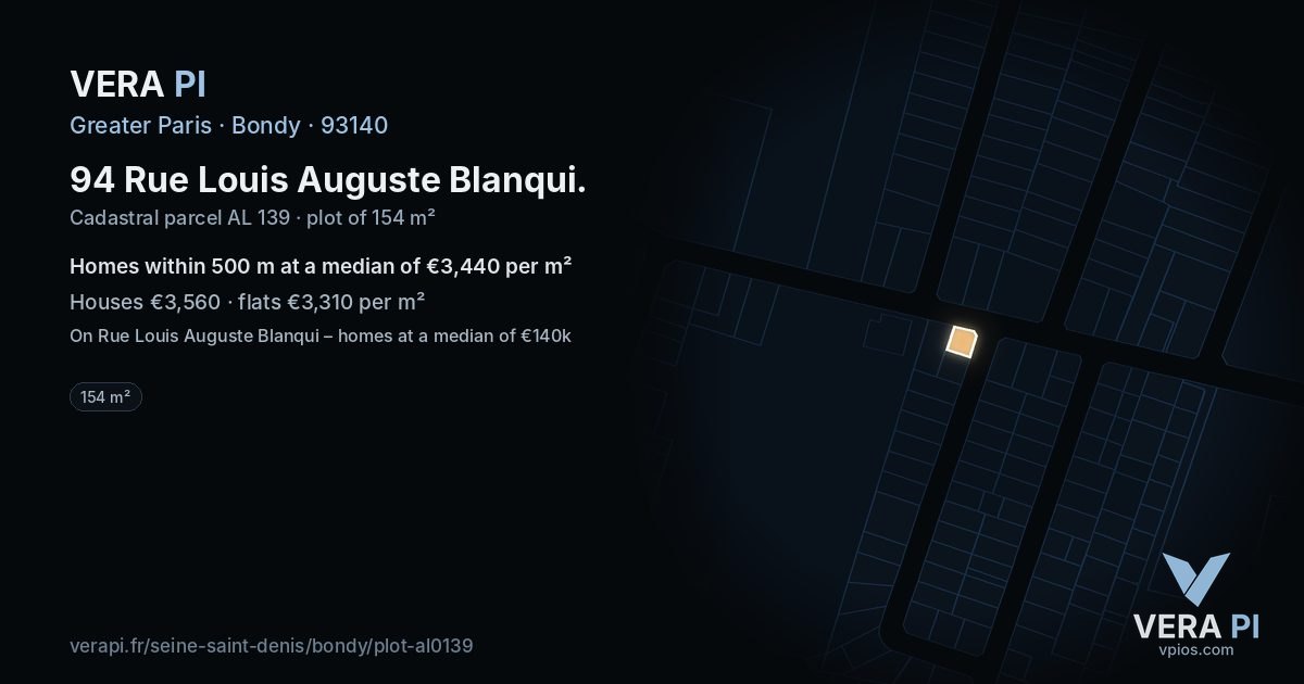 94 Rue Louis Auguste Blanqui, Bondy at night – the plot lit, the parcels around coloured by the prices near them