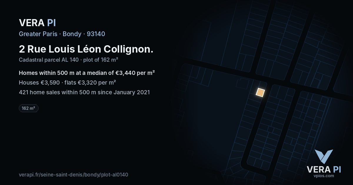 2 Rue Louis Léon Collignon, Bondy at night – the plot lit, the parcels around coloured by the prices near them