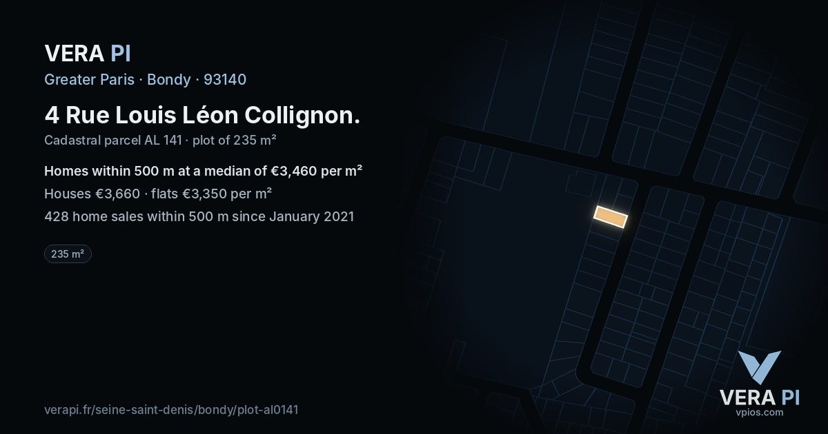 4 Rue Louis Léon Collignon, Bondy at night – the plot lit, the parcels around coloured by the prices near them