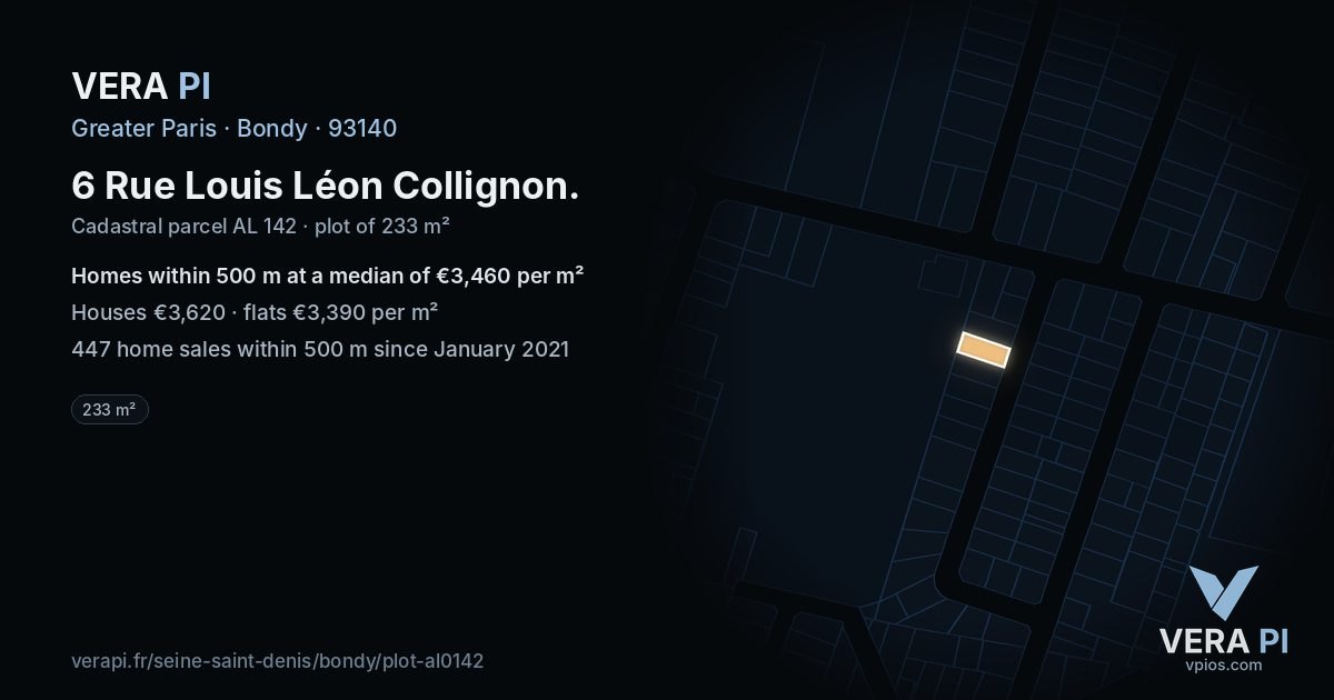 6 Rue Louis Léon Collignon, Bondy at night – the plot lit, the parcels around coloured by the prices near them