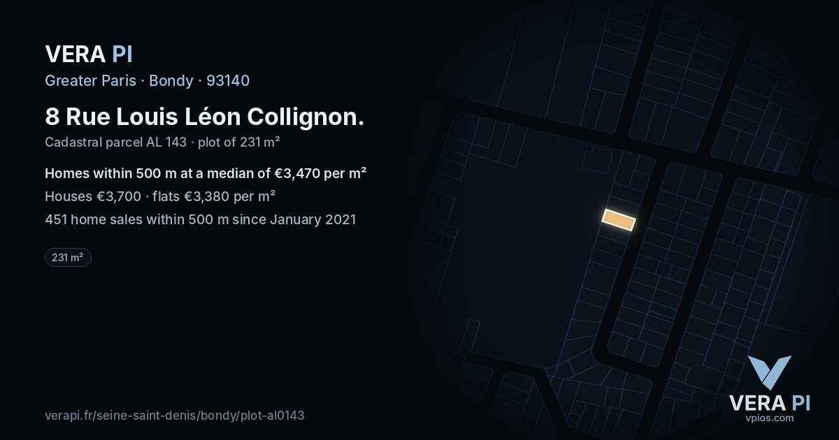 8 Rue Louis Léon Collignon, Bondy at night – the plot lit, the parcels around coloured by the prices near them